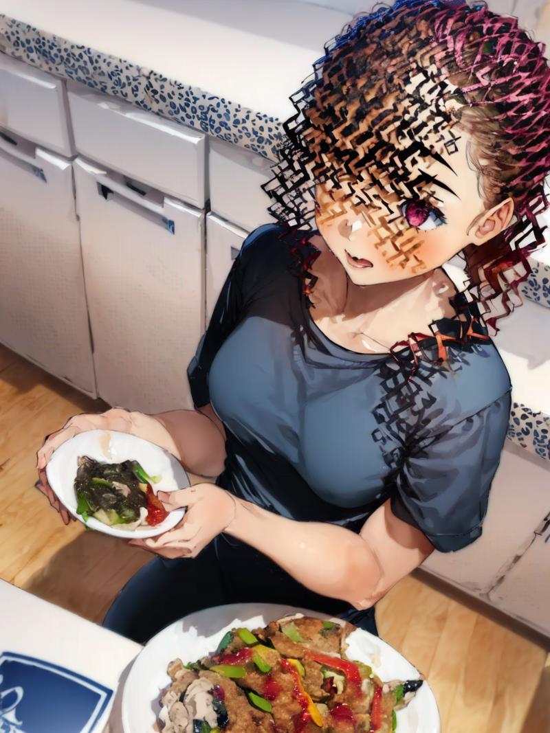 433145-4170696135-(((((1girl))))), red hair,small breasts, pink eyes, blue apron,black shirt, holding plate, hailijianbing, female focus, upper bo.png